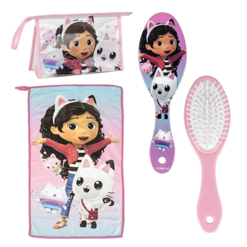 Set de toilette brosse + trousse + serviette Gabby chat